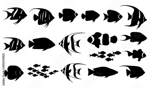 Ocean Aquarium Fish Black Silhouette Bundle Marine Wildlife Vector Collection Set