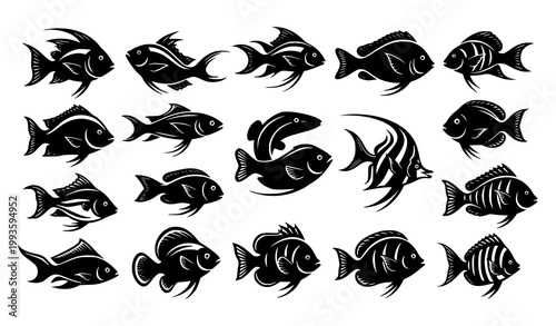 Stylized Ocean Fish Silhouette Bundle Black Marine Life Vector Icon Set