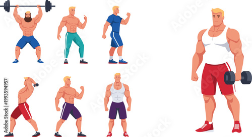 Muscular Athletes Workout Vector Set Featuring Bodybuilders Lifting Weights Training and Flexing Muscles for Fitness and Gym Design