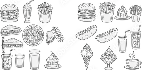 Hand Drawn Fast Food and Dessert Doodle Set Featuring Burgers, Fries, Pizza, Sandwiches, Hot Dogs, Ice Cream, Drinks, and Coffee in Outline Style for Menu Design