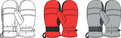 Colorful Winter Mittens Vector Set in Red and White for Cold Weather Clothing and Fashion Accessories
