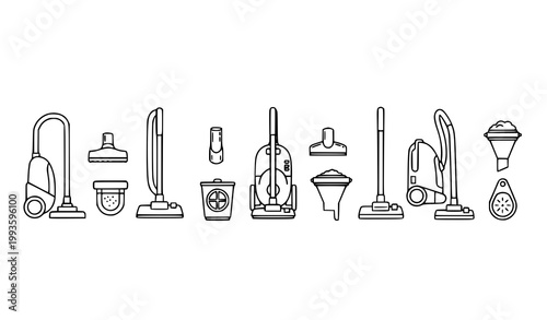 Minimal vacuum cleaner line icons vector collection with cleaning tools and appliance symbols isolated on white background