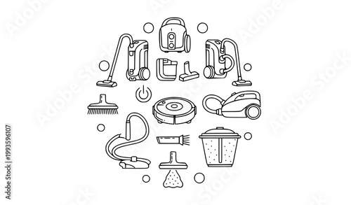 Vacuum cleaner and cleaning outline icons vector with appliance symbols in circular layout minimal line style isolated on white background