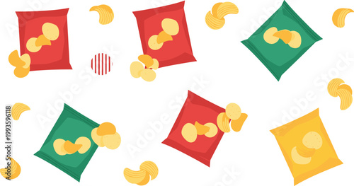 Seamless Potato Chips Pattern Vector with Snack Bags and Crispy Chips in Flat Style for Food Packaging, Textile and Background Design