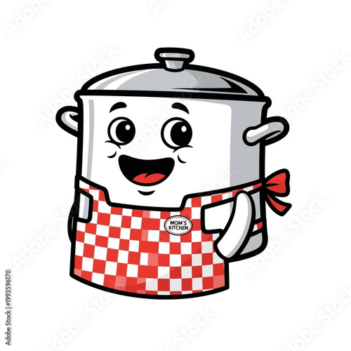 Happy cartoon cooking pot character wearing a checkered apron.
