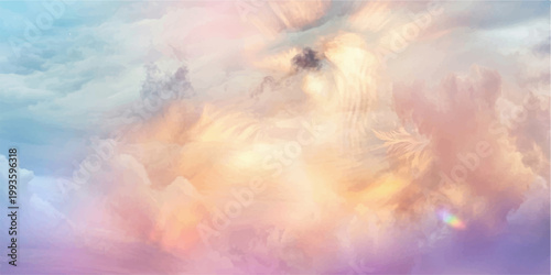 Abstract ethereal landscape with fluffy clouds in pastel hues, creating a sense of serenity and dreamy atmosphere. capturing the delicate colors and the soft. for art, banner, web, ui, branding