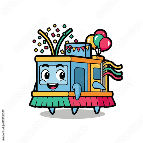 Happy cartoon street sweeper celebrating with confetti and balloons.