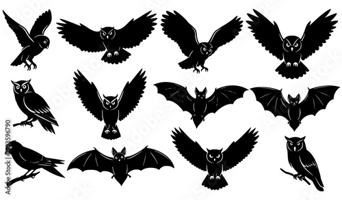 Night Birds and Bats Silhouette Collection Nocturnal Wildlife Vector Illustration