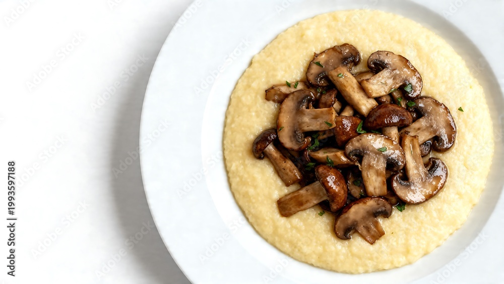 Fototapeta premium Sautéed mushrooms on creamy polenta in white bowl minimalist food styling