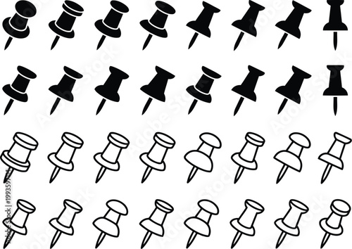 Collection of various push pin icons in solid black and outlined vector styles