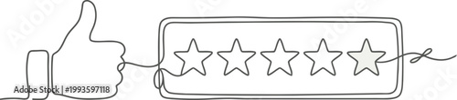 Continuous single line drawing of thumbs up gesture with five stars rating badge