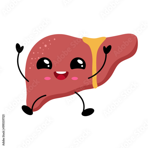 Illustration of a happy, anthropomorphic liver character, waving cheerfully