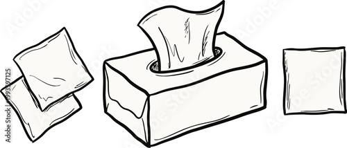 Black and white hand drawn sketch of facial tissue box with loose paper sheets
