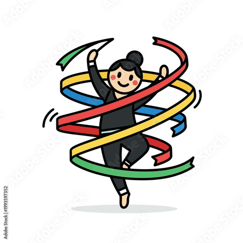 Happy female gymnast performing rhythmic ribbon dance.