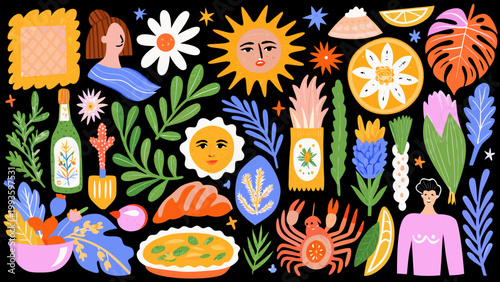 A vibrant colorful illustration featuring botanical elements faces and sea creatures