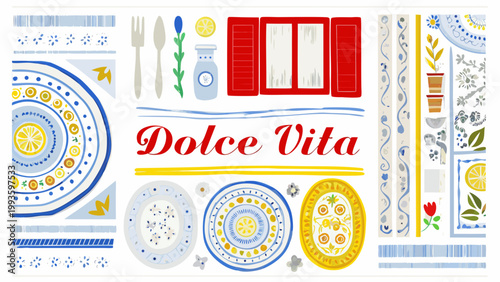 A colorful illustrated collage featuring dining elements and mediterranean inspired designs