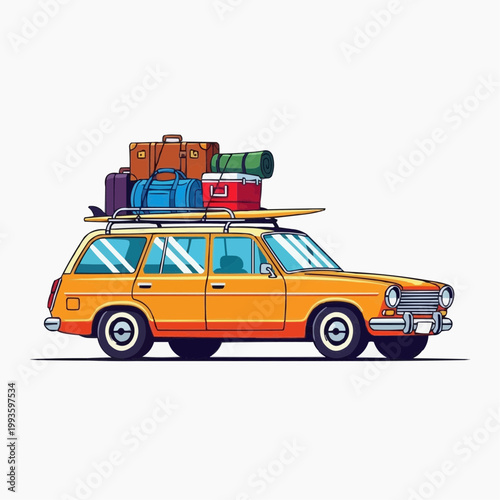 A colorful illustration of a vintage car packed for a road trip