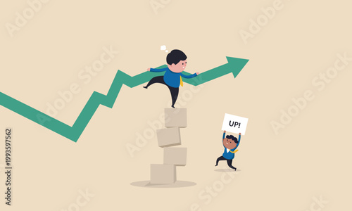 Business growth concept with men balancing on boxes and chart