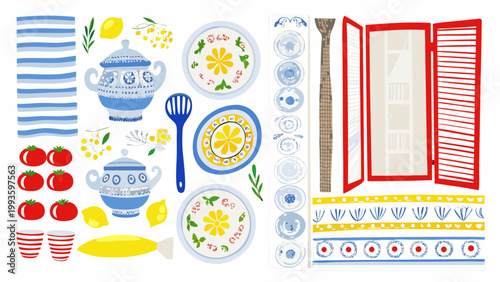 A colorful illustration depicts mediterranean kitchen items and seaside elements together