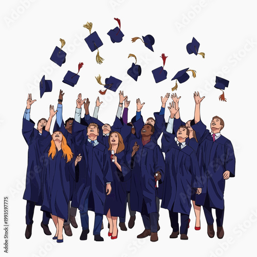 A group of graduates in blue robes throwing their caps in the air