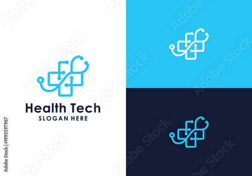 Modern Health Tech Logo Design with Stethoscope and Cross Symbol.