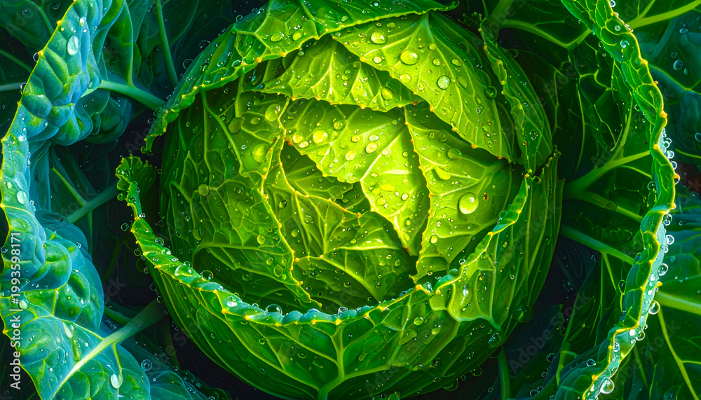 Obraz premium Savoy cabbage head intricate leaf pattern wet