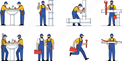 Plumbing Service Workers Vector Set Featuring Professional Plumbers Repairing Pipes Fixing Sink and Carrying Tools