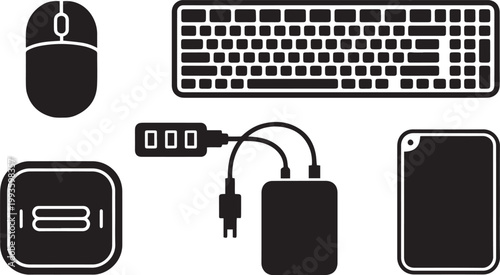 Computer Peripherals and Mobile Devices Icons Set Mouse Keyboard Power Bank Smartphone