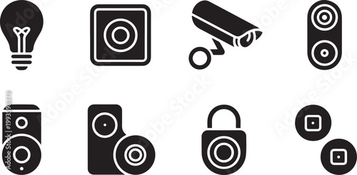 Security and Audio Technology Icons Set Camera Speaker Light Smart Devices