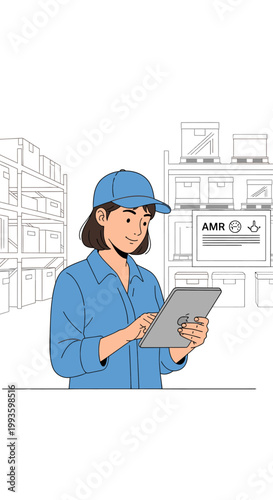 Warehouse worker in blue uniform and cap using a tablet for inventory management with shelves and boxes in background
