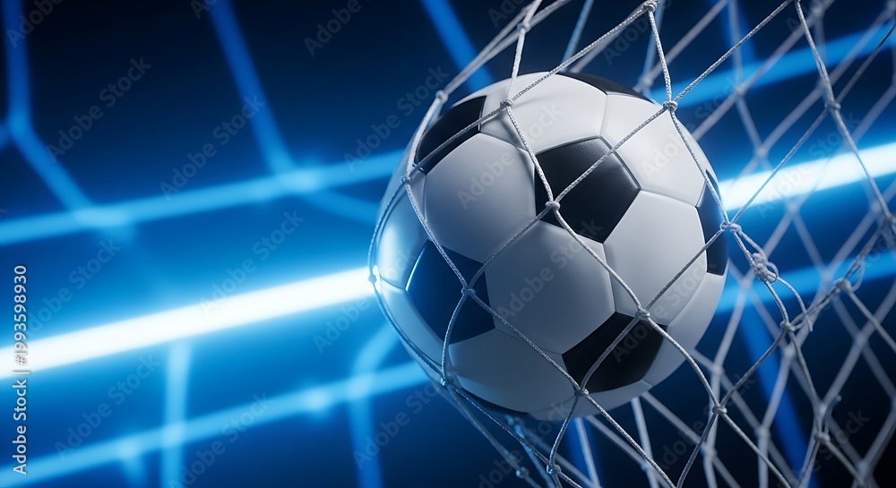 Naklejka premium Soccer ball flying into illuminated goal net with dynamic blue lighting for sports action concept