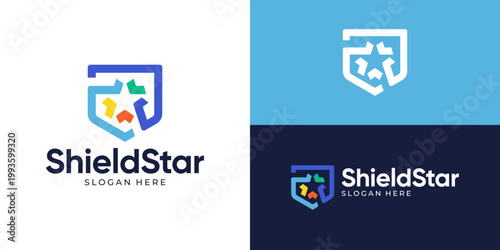 Creative simple shield star logo template. Abstract star with shield symbol logo design vector illustration.