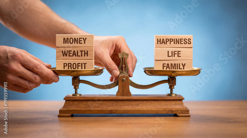 Wooden Balance Scale Comparing Money and Happiness in Life Choices, Wealth Versus Family Values, Work Life Balance Concept