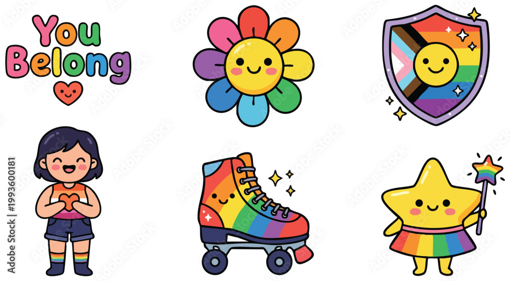 Fototapeta premium Colorful pride themed cute characters with you belong text and rainbow roller skate
