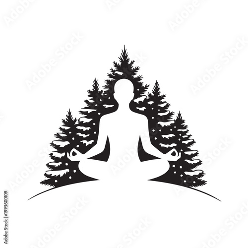 Person meditating silhouette within pine trees on hill concept for yoga and nature.