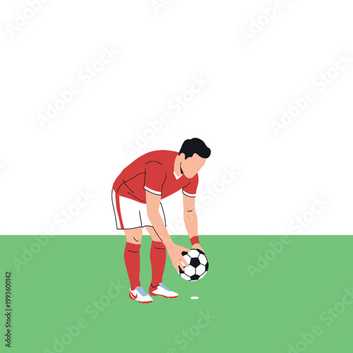 simple flat vector illustration of a soccer player placing the ball on the penalty spot