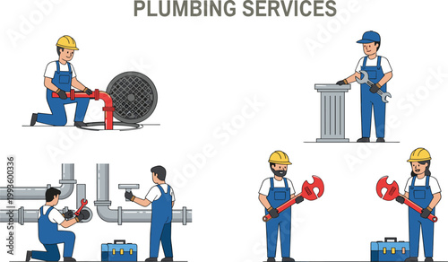 Plumbing Services Vector Illustration Set Featuring Professional Plumbers Repairing Pipes Using Tools and Maintenance Equipment