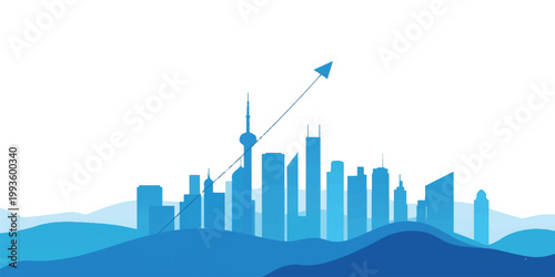 3d business graph charts with a city skyline silhouette over a blue world map illustration showcasing urban skyscrapers and modern office building construction concepts