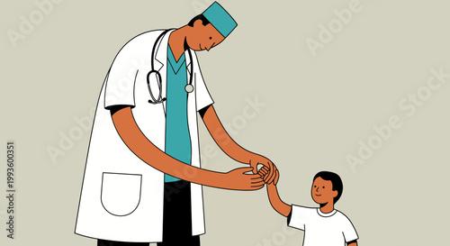 Doctor comforting a child patient, illustration of care and medical attention in a healthcare setting.