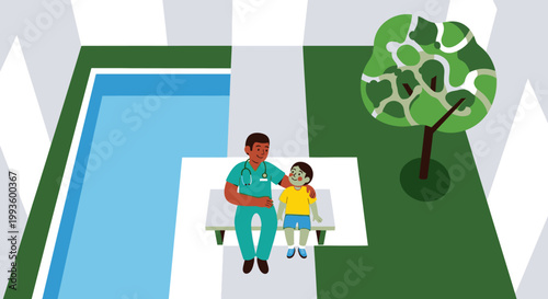 Doctor comforting a young child on a bench outdoors near a pool and a tree, illustration