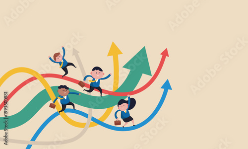 Diverse business people running on upward trending arrows symbolizing growth and success