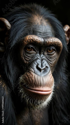 Close-up Portrait of a Chimpanzee Face with Detailed Fur and Expressive Eyes.