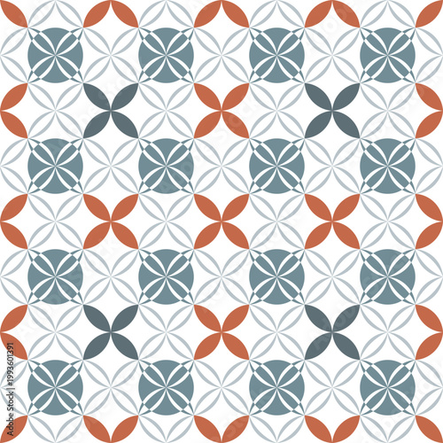 Seamless geometric floral pattern, blue and terracotta abstract background, modern repeating ornament
