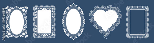 Lace Frame Set of vintage doily ornaments in Grandma core. Whimsical lace doilies in crochet style with tulle frills, floral borders in the different shapes. Wedding, invitations, greeting cards