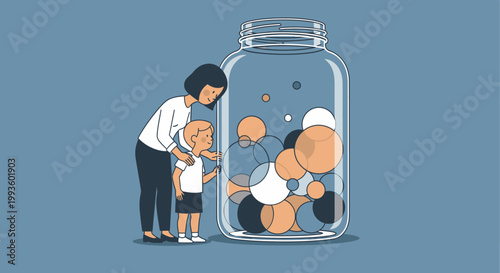 Mother and child looking at a jar filled with colorful abstract shapes, representing memories or dreams.
