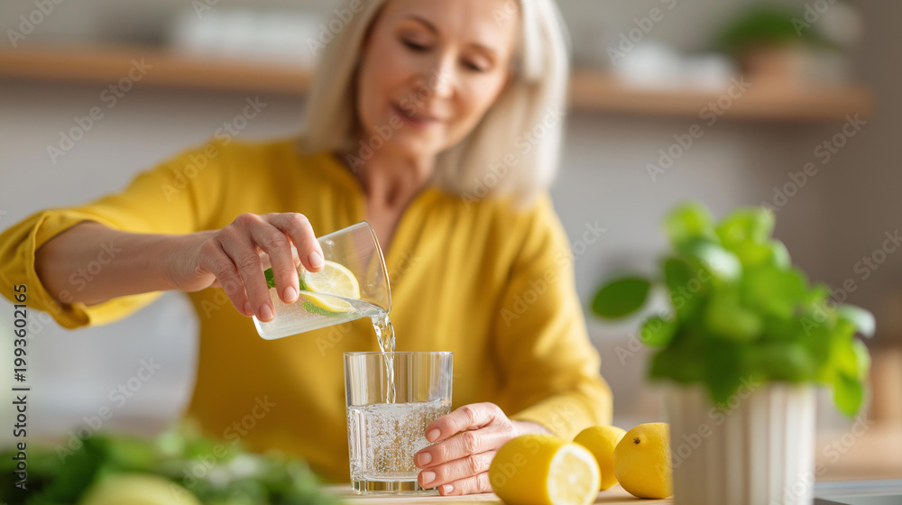 Fototapeta premium Faceless senior woman pouring detox water into a glass in the kitchen after a workout for a post-exercise hydration and wellness concept. Defocused kitchen background. Detox water