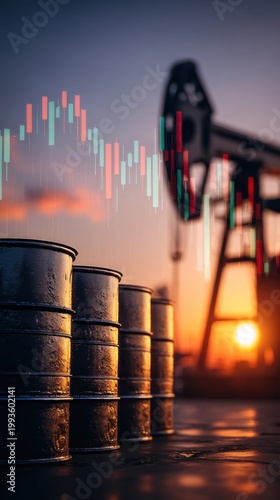 Oil barrels stand in the foreground while an oil rig operates in the background at sunset. Trade graphs overlay the scene, highlighting energy market data and trends