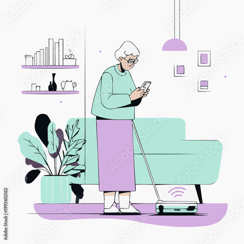 Flat vector illustration of an elderly woman using a smartphone while a robot vacuum cleans, suitable for technology blogs, smart home ads, or senior lifestyle content.