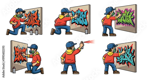 Artist spray painting graffiti art on wall creative urban expression