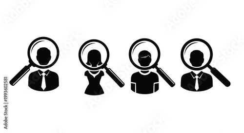 Four black silhouettes of people with magnifying glasses over heads